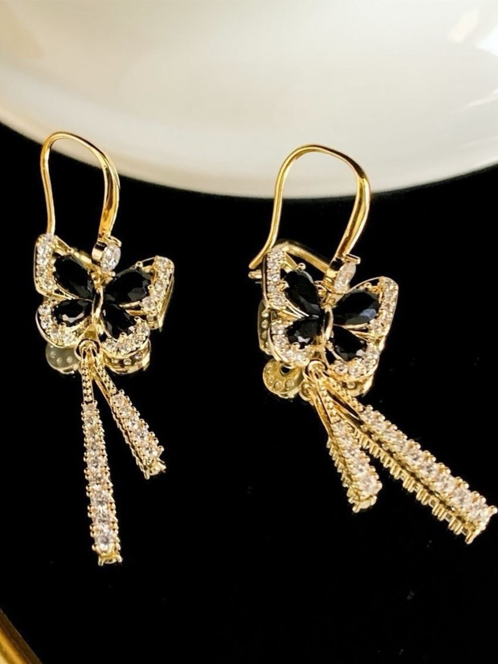 Gold Two Tone Butterfly Drop Earrings 2 Inch Drop